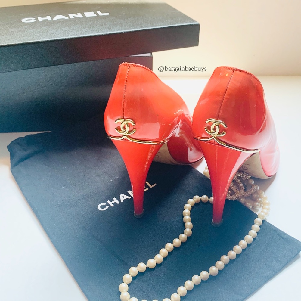 Coral Red Double C Chanel Peep Toe Heels